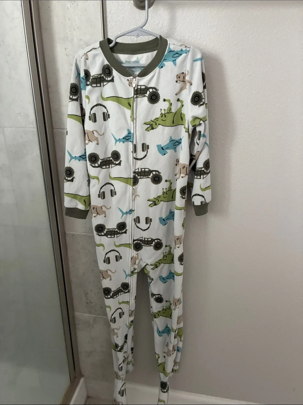 Carter's White Footed One-Piece Pajamas with Green Trim and Blue Accents